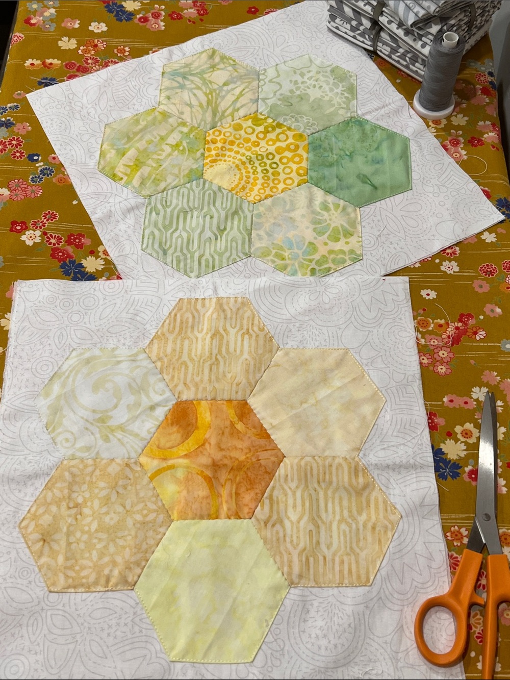 Handcrafted Hexagon Quilt Blocks in Yellow and Green - Two, 12”x12”